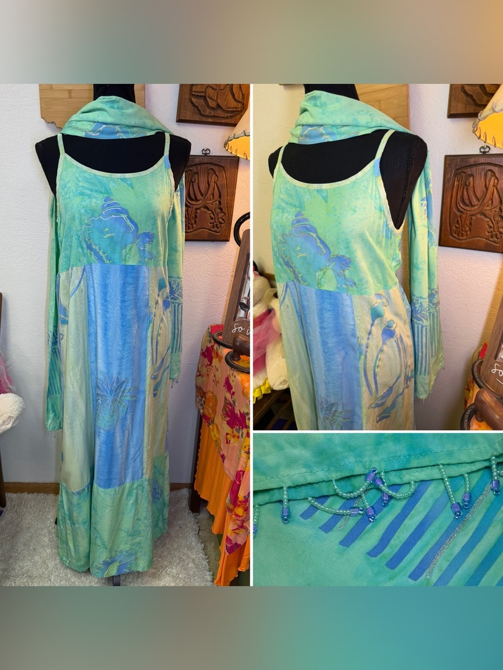 Tropical Tantrum Maxi Dress & Shawl Green Blue Batik Floral Hawaiian Chic MEDIUM